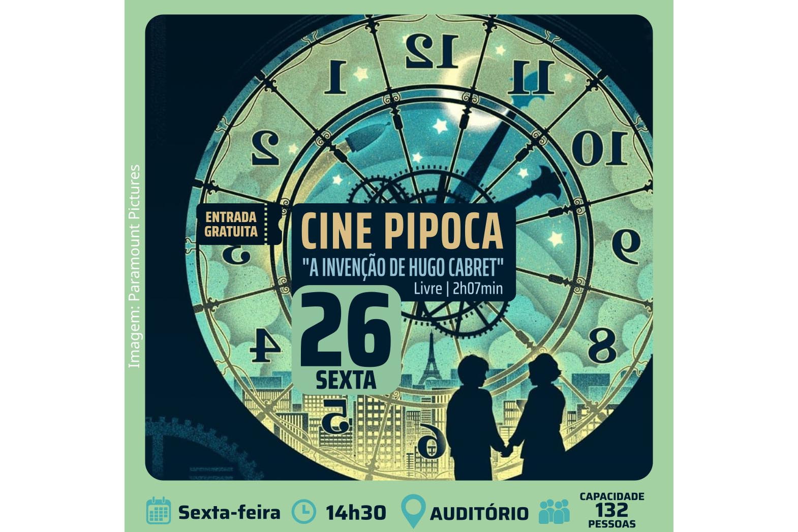 Biblioteca Pública do Paraná (BPP) - Cine Pipoca – Evento realizado uma vez por mês pela Seção Infantil da Biblioteca. O filme selecionado para julho é “A Invenção de Hugo Cabret” (2011), dirigido por Martin Scorsese, que será exibido nesta sexta-feira, dia 26