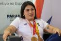 Vitor Tavares, medalha de bronze do parabadminton, Igor Tofalini, medalha de prata na parancanoagem, e Miquéias Rodrigues, bronze em paracanoagem, medalhistas paranaenses na Paralimpíada de Paris em encontro no auditório da Secretaria do Esporte, nesta quinta-feira (12).