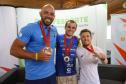 Vitor Tavares, medalha de bronze do parabadminton, Igor Tofalini, medalha de prata na parancanoagem, e Miquéias Rodrigues, bronze em paracanoagem, medalhistas paranaenses na Paralimpíada de Paris em encontro no auditório da Secretaria do Esporte, nesta quinta-feira (12).