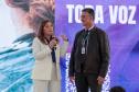 A primeira-dama Luciana Saito Massa, a secretária Leandre Dal Ponte e o secretário Coronel Hudson Teixeira participam nesta sexta-feira (29), de evento Agosto Lilás, no Salão de Atos do Palácio Iguaçu. Foto: Geraldo Bubniak/AEN