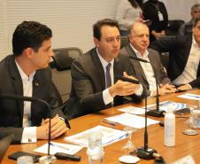Governador Carlos Massa Ratinho Junior durante reunião técnica com o ministro da Infraestrutura, Marcelo Sampaio, no Palácio Iguaçu