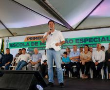 O governador Carlos Massa Ratinho Junior inaugura a Escola de Educação Especial de Nova Laranjeiras, na região Centro-Sul do Paraná.