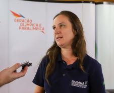 Vitor Tavares, medalha de bronze do parabadminton, Igor Tofalini, medalha de prata na parancanoagem, e Miquéias Rodrigues, bronze em paracanoagem, medalhistas paranaenses na Paralimpíada de Paris em encontro no auditório da Secretaria do Esporte, nesta quinta-feira (12).