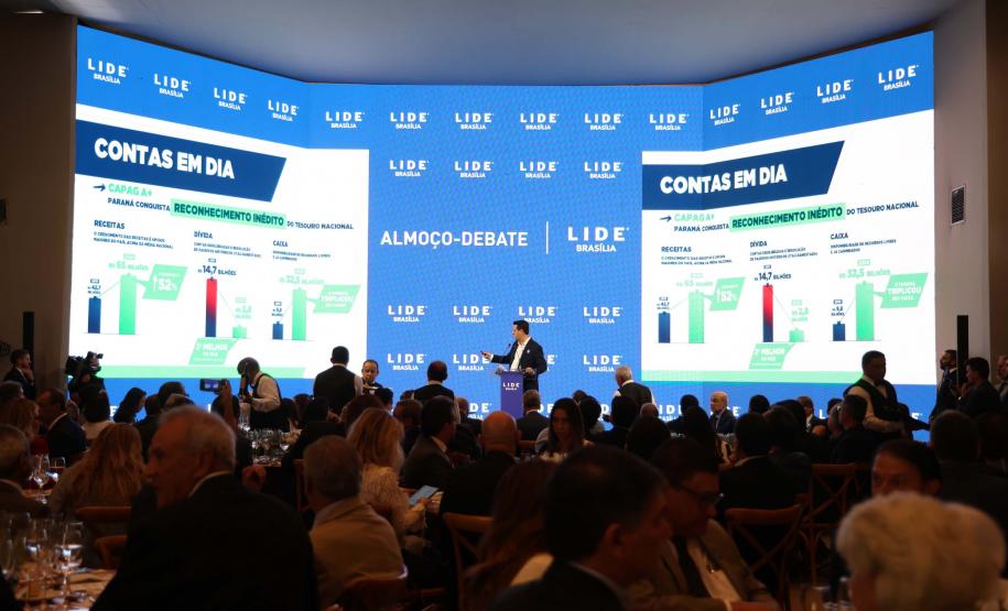 O governador Carlos Massa Ratinho Junior destacou os avanços que o Paraná alcançou nos últimos anos em diferentes áreas em um encontro empresários nesta terça-feira (25), em Brasília. Foto: Jonathan Campos/AEN