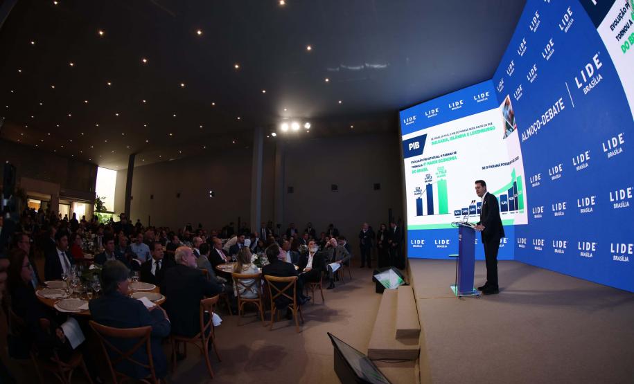 O governador Carlos Massa Ratinho Junior destacou os avanços que o Paraná alcançou nos últimos anos em diferentes áreas em um encontro empresários nesta terça-feira (25), em Brasília. Foto: Jonathan Campos/AEN